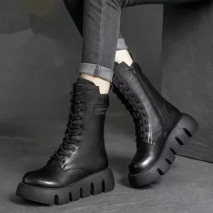 Bottes en cuir tendance à lacets et fermeture éclair pour femmes, montantes, décontractées, fourrées chaudes, antidérapantes, saison froide