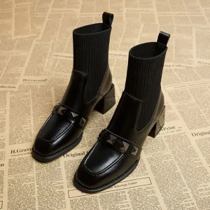 Bottines mocassins chaussettes élastiques pour femmes, bottines courtes à bout carré, à enfiler, Mode, nouvelle collection Hiver