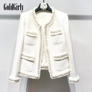 Veste en tweed blanc Perles faites et cousues à la main style classique