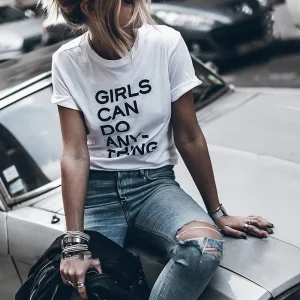 T-shirt Streetwear décontracté en coton "Girls Can Do Anything"