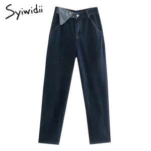 Syiwidii High Waist Women's Jeans Spliced 2 Buttons Vintage Streetwear Fashion Straight Wide Leg Baggy Pants for Women Dark Blue